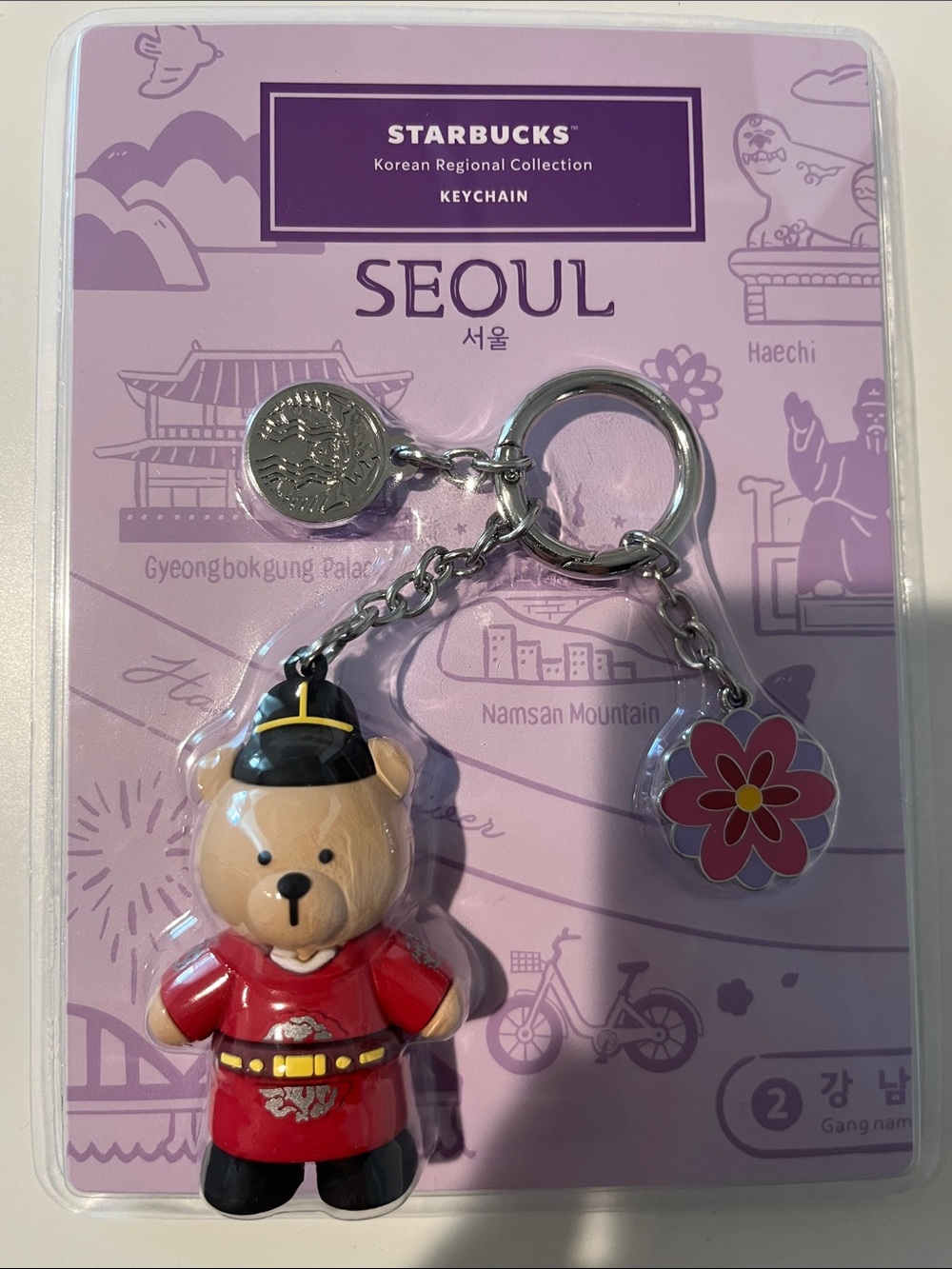 Starbucks Seoul Bear Keychain with Red Uniform and Pink Flower Charm